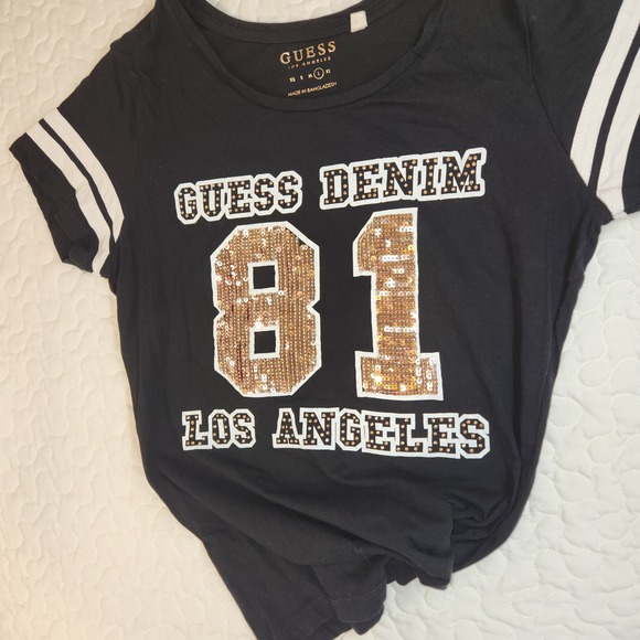 Y2K Pink Sequin Guess T TEE Shirt Glitter Los Angeles 81 Denim Soft Black Women - Picture 1 of 8